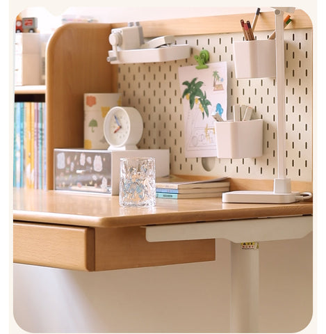 Beech Solid Wood Electric Height Adjustable Study Table Natural Finish Kids Writing Desk with Storage