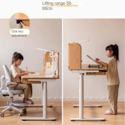 Beech Solid Wood Electric Height Adjustable Study Table Natural Finish Kids Writing Desk with Storage