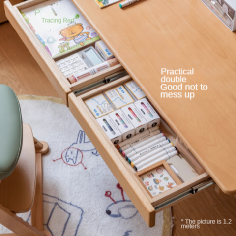 Beech Solid Wood Electric Height Adjustable Study Table Natural Finish Kids Writing Desk with Storage