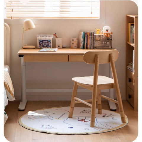 Beech Solid Wood Electric Height Adjustable Study Table Natural Finish Kids Writing Desk with Storage