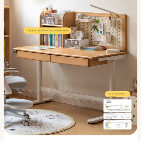 Beech Solid Wood Electric Height Adjustable Study Table Natural Finish Kids Writing Desk with Storage