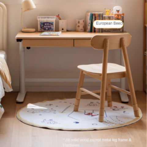 Beech Solid Wood Electric Height Adjustable Study Table Natural Finish Kids Writing Desk with Storage
