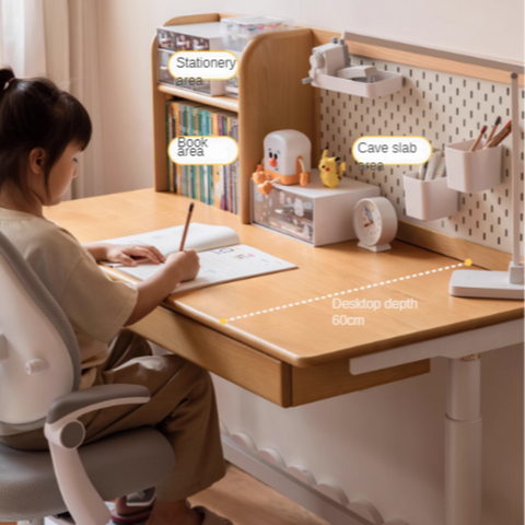 Beech Solid Wood Electric Height Adjustable Study Table Natural Finish Kids Writing Desk with Storage