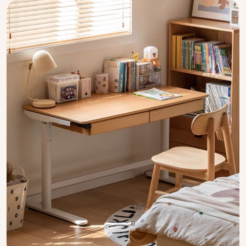 Beech Solid Wood Electric Height Adjustable Study Table Natural Finish Kids Writing Desk with Storage