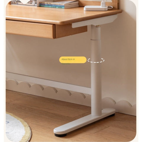 Beech Solid Wood Electric Height Adjustable Study Table Natural Finish Kids Writing Desk with Storage