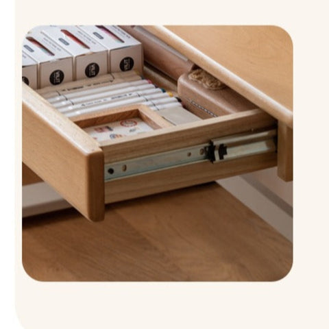 Beech Solid Wood Electric Height Adjustable Study Table Natural Finish Kids Writing Desk with Storage