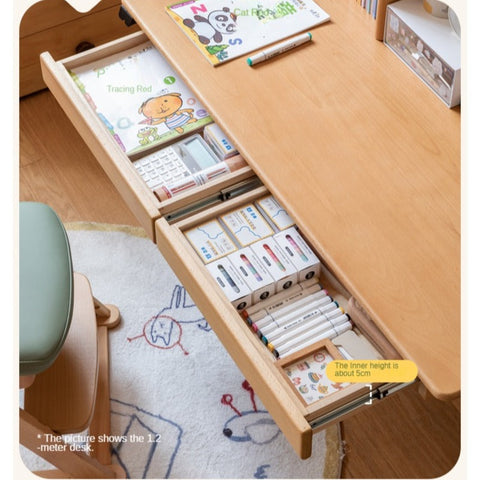 Beech Solid Wood Electric Height Adjustable Study Table Natural Finish Kids Writing Desk with Storage