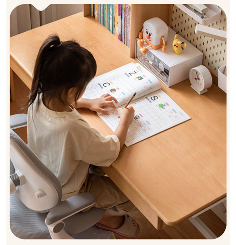 Beech Solid Wood Electric Height Adjustable Study Table Natural Finish Kids Writing Desk with Storage