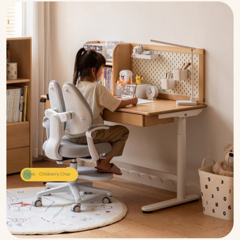 Beech Solid Wood Electric Height Adjustable Study Table Natural Finish Kids Writing Desk with Storage