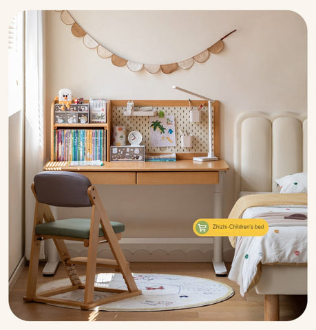 Beech Solid Wood Electric Height Adjustable Study Table Natural Finish Kids Writing Desk with Storage