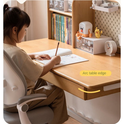 Beech Solid Wood Electric Height Adjustable Study Table Natural Finish Kids Writing Desk with Storage