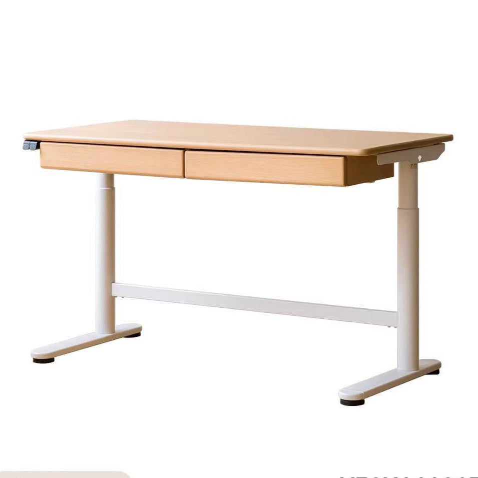Beech Solid Wood Electric Height Adjustable Study Table Natural Finish Kids Writing Desk with Storage
