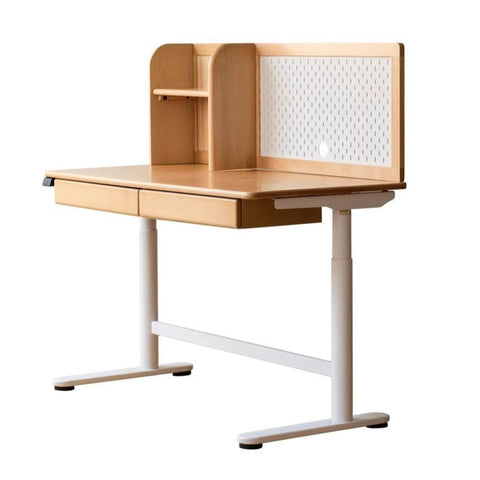 Beech Solid Wood Electric Height Adjustable Study Table Natural Finish Kids Writing Desk with Storage