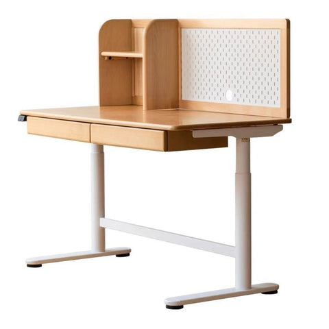 Beech Solid Wood Electric Height Adjustable Study Table Natural Finish Kids Writing Desk with Storage