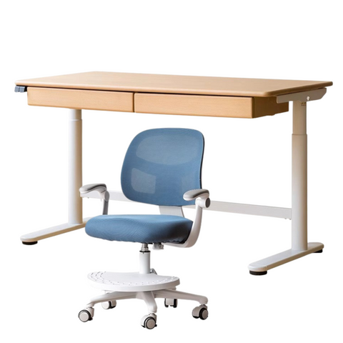 Beech Solid Wood Electric Height Adjustable Study Table Natural Finish Kids Writing Desk with Storage