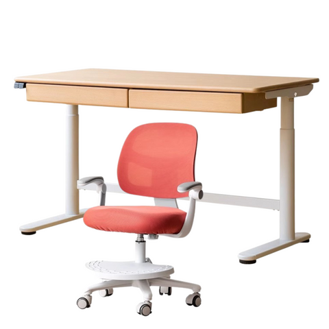 Beech Solid Wood Electric Height Adjustable Study Table Natural Finish Kids Writing Desk with Storage