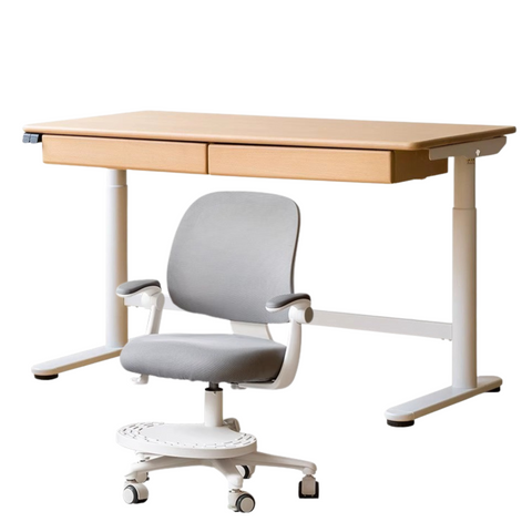 Beech Solid Wood Electric Height Adjustable Study Table Natural Finish Kids Writing Desk with Storage