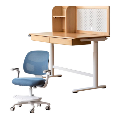 Beech Solid Wood Electric Height Adjustable Study Table Natural Finish Kids Writing Desk with Storage