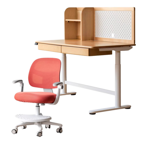 Beech Solid Wood Electric Height Adjustable Study Table Natural Finish Kids Writing Desk with Storage