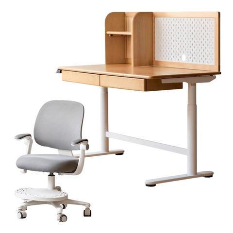 Beech Solid Wood Electric Height Adjustable Study Table Natural Finish Kids Writing Desk with Storage