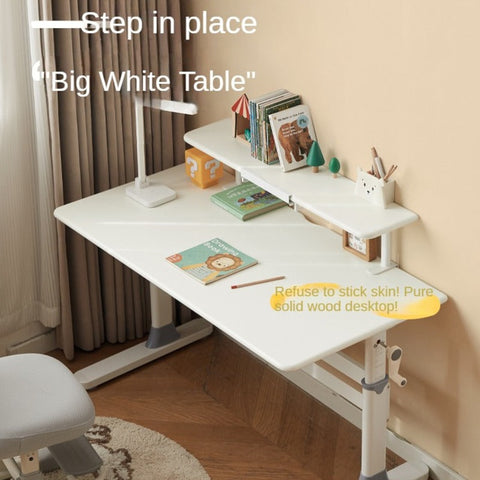 Poplar Solid Wood Adjustable Kids Study Desk Cream Finish Durable Writing Table with Storage Options