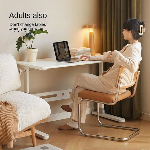 Poplar Solid Wood Adjustable Kids Study Desk Cream Finish Durable Writing Table with Storage Options