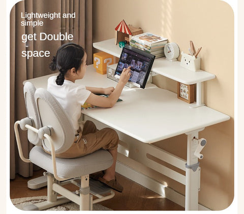 Poplar Solid Wood Adjustable Kids Study Desk Cream Finish Durable Writing Table with Storage Options