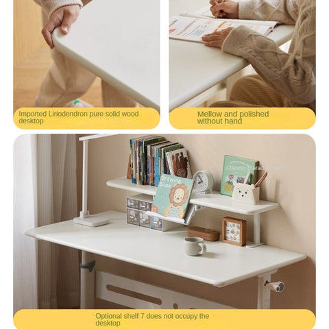 Poplar Solid Wood Adjustable Kids Study Desk Cream Finish Durable Writing Table with Storage Options