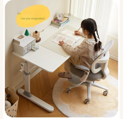 Poplar Solid Wood Adjustable Kids Study Desk Cream Finish Durable Writing Table with Storage Options