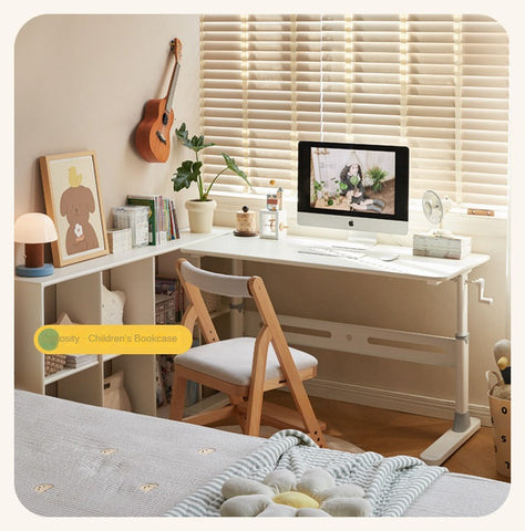 Poplar Solid Wood Adjustable Kids Study Desk Cream Finish Durable Writing Table with Storage Options