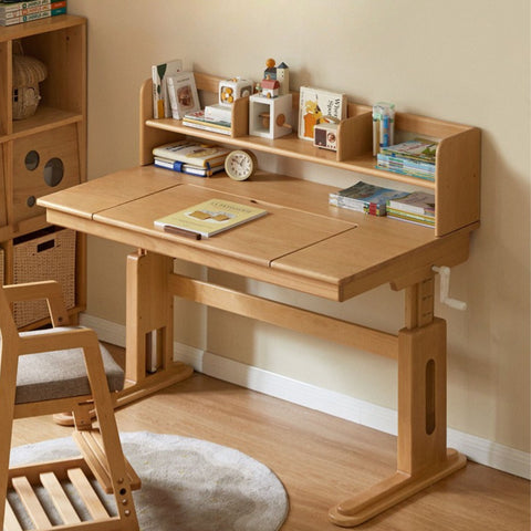 Beech Solid Wood Childrens Study Desk Natural Wood Adjustable Height Writing Table with Bookshelf