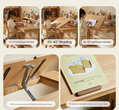 Beech Solid Wood Childrens Study Desk Natural Wood Adjustable Height Writing Table with Bookshelf