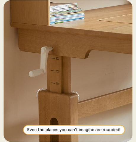 Beech Solid Wood Childrens Study Desk Natural Wood Adjustable Height Writing Table with Bookshelf