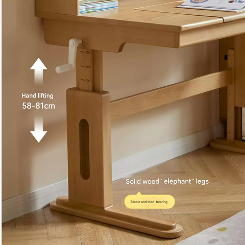 Beech Solid Wood Childrens Study Desk Natural Wood Adjustable Height Writing Table with Bookshelf