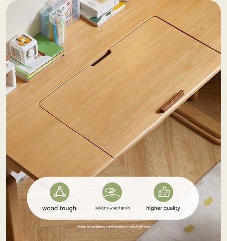 Beech Solid Wood Childrens Study Desk Natural Wood Adjustable Height Writing Table with Bookshelf