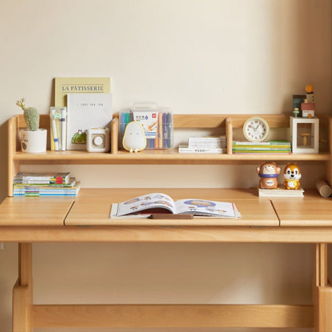 Beech Solid Wood Childrens Study Desk Natural Wood Adjustable Height Writing Table with Bookshelf