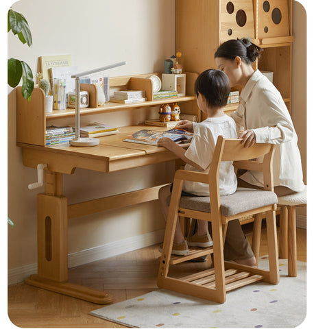 Beech Solid Wood Childrens Study Desk Natural Wood Adjustable Height Writing Table with Bookshelf