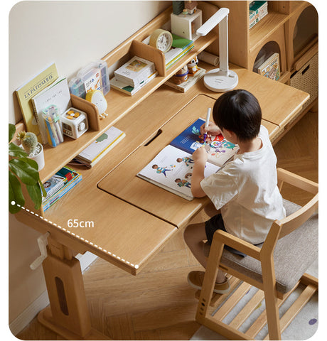 Beech Solid Wood Childrens Study Desk Natural Wood Adjustable Height Writing Table with Bookshelf