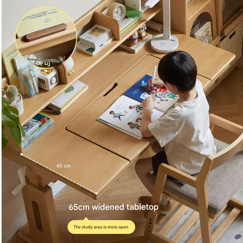 Beech Solid Wood Childrens Study Desk Natural Wood Adjustable Height Writing Table with Bookshelf