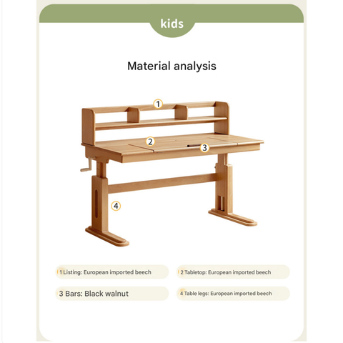 Beech Solid Wood Childrens Study Desk Natural Wood Adjustable Height Writing Table with Bookshelf