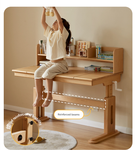 Beech Solid Wood Childrens Study Desk Natural Wood Adjustable Height Writing Table with Bookshelf