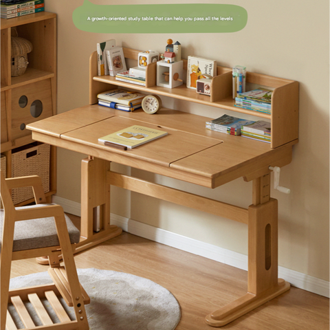 Beech Solid Wood Childrens Study Desk Natural Wood Adjustable Height Writing Table with Bookshelf