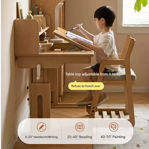 Beech Solid Wood Childrens Study Desk Natural Wood Adjustable Height Writing Table with Bookshelf