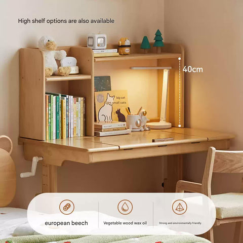 Beech Solid Wood Childrens Study Desk Natural Wood Adjustable Height Writing Table with Bookshelf