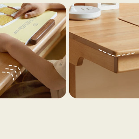 Beech Solid Wood Childrens Study Desk Natural Wood Adjustable Height Writing Table with Bookshelf