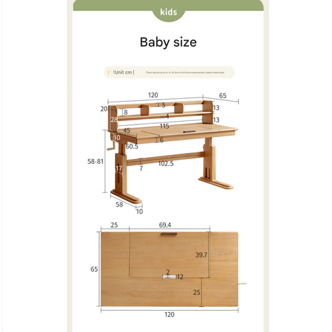 Beech Solid Wood Childrens Study Desk Natural Wood Adjustable Height Writing Table with Bookshelf