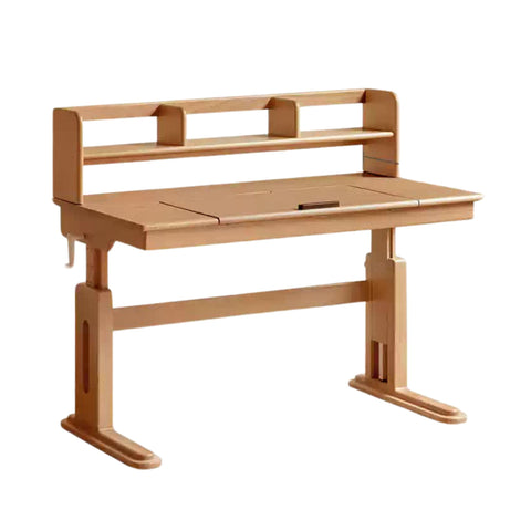 Beech Solid Wood Childrens Study Desk Natural Wood Adjustable Height Writing Table with Bookshelf