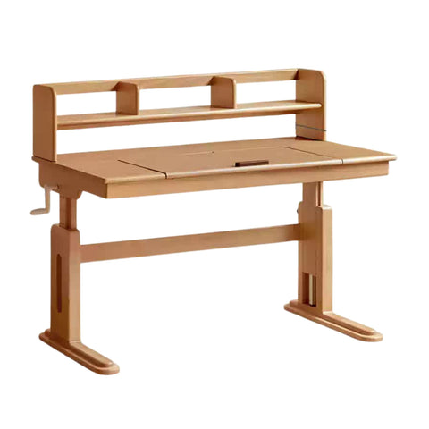 Beech Solid Wood Childrens Study Desk Natural Wood Adjustable Height Writing Table with Bookshelf