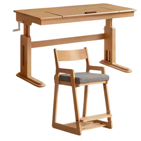 Beech Solid Wood Childrens Study Desk Natural Wood Adjustable Height Writing Table with Bookshelf