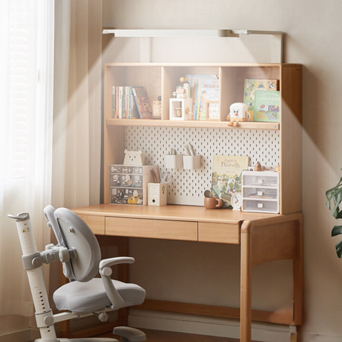 Beech Solid Wood Children Study Desk with Eye Protection Lamp Adjustable Height Natural Finish Bookcase Storage